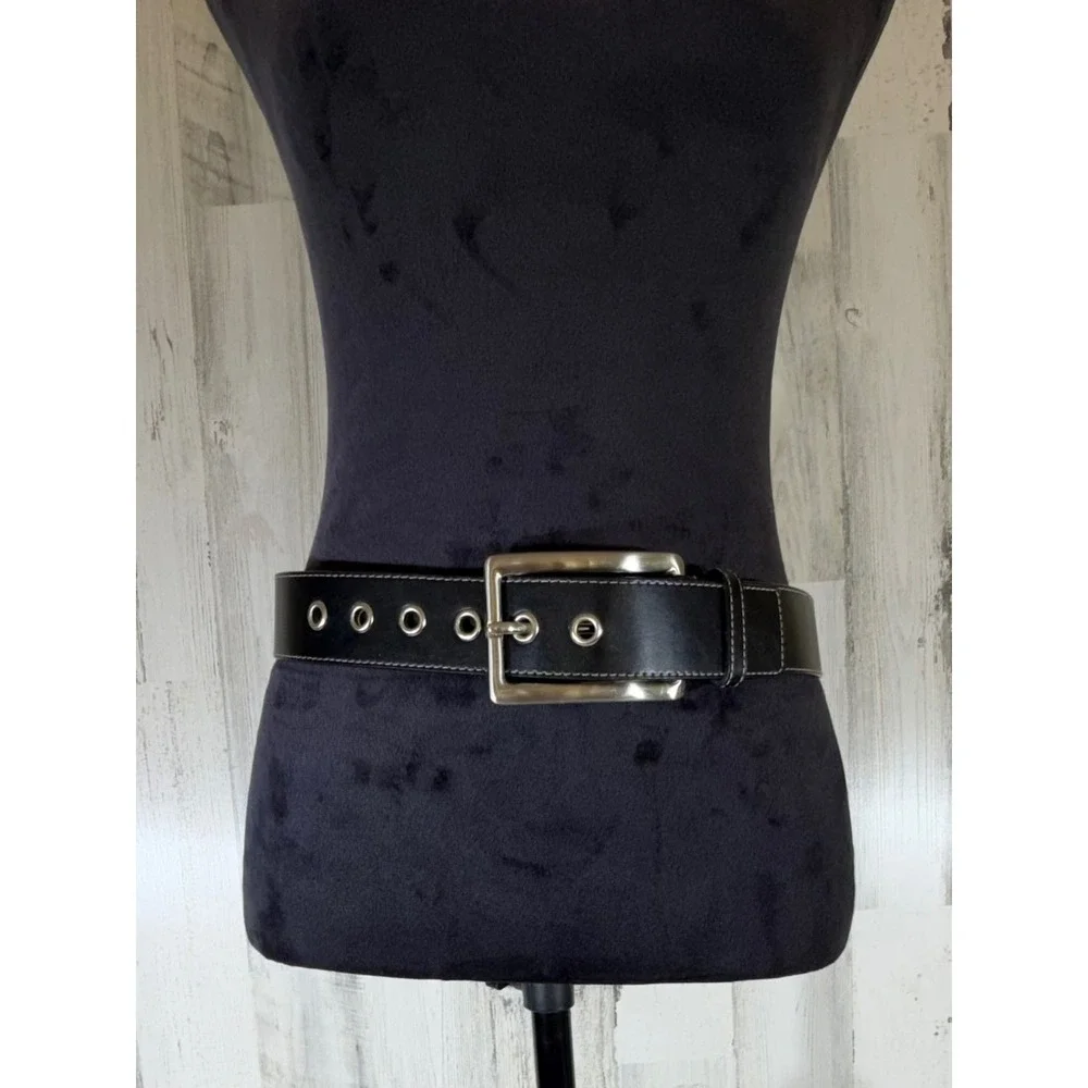 Express Leather Belt Small Black Grommet Silver Buckle Contrast Stitch Y2K Goth